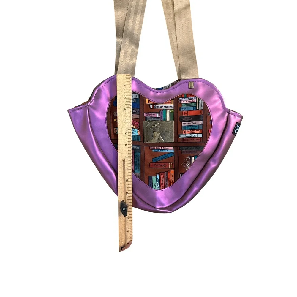 Main Character Energy Heart Tote Bag Women OS Purple Bookshelf Print Novelty